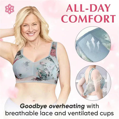 Woman wearing a floral bra with 'All-Day Comfort' text and product details on a pink background