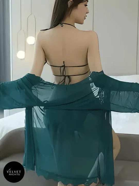 3 Piece Butterfly Lace Lingerie Set with Sheer Robe