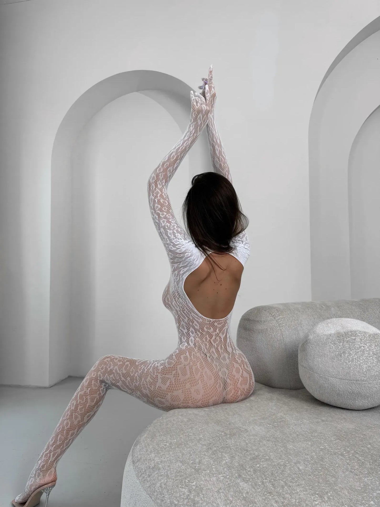 Lace Bodystocking Leopard Pattern Bodysuit Ouvert White Catsuit Women Lady