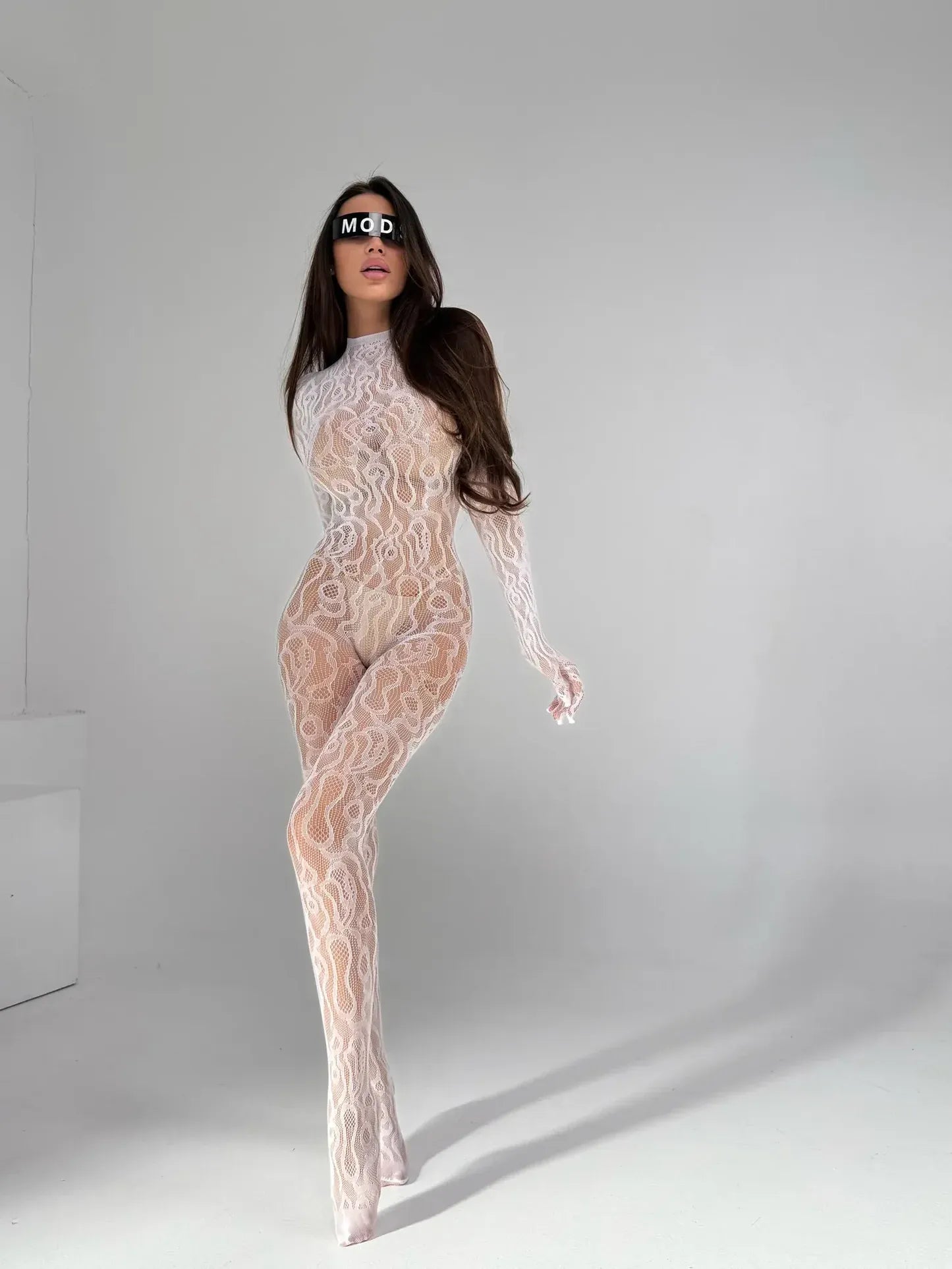 Lace Bodystocking Abstract Pattern Bodysuit Ouvert Black Catsuit Women Lady