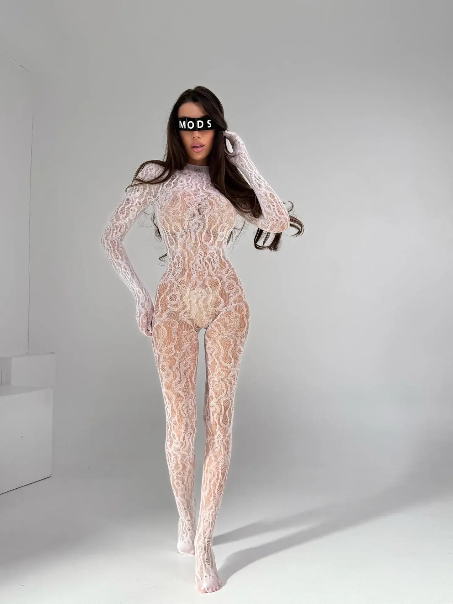 Lace Bodystocking Abstract Pattern Bodysuit Ouvert Black Catsuit Women Lady