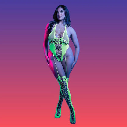 Neon Green UV Reactive Bodystocking: Halter Teddy Rave Outfit