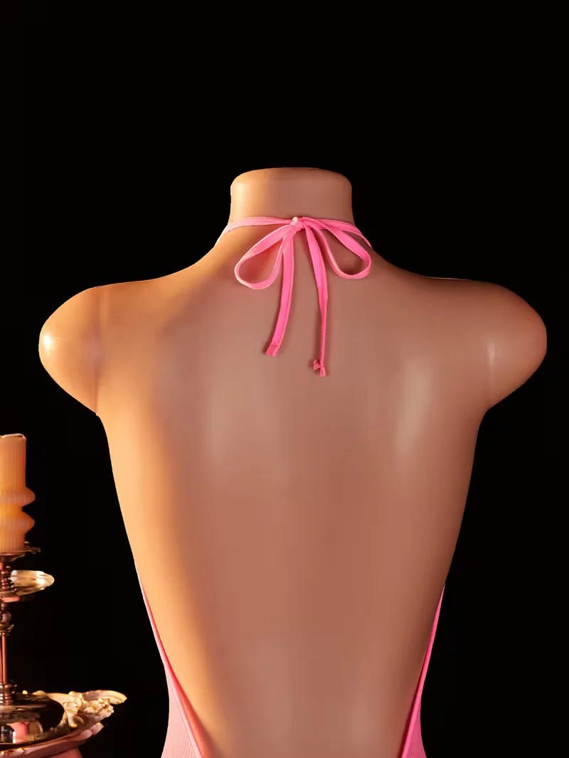 Pink Semi-Sheer Deep V Fishnet Bodysuit