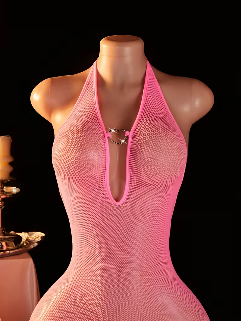 Pink Semi-Sheer Deep V Fishnet Bodysuit