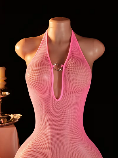 Pink Semi-Sheer Deep V Fishnet Bodysuit