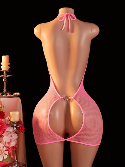 Pink Semi-Sheer Deep V Fishnet Bodysuit