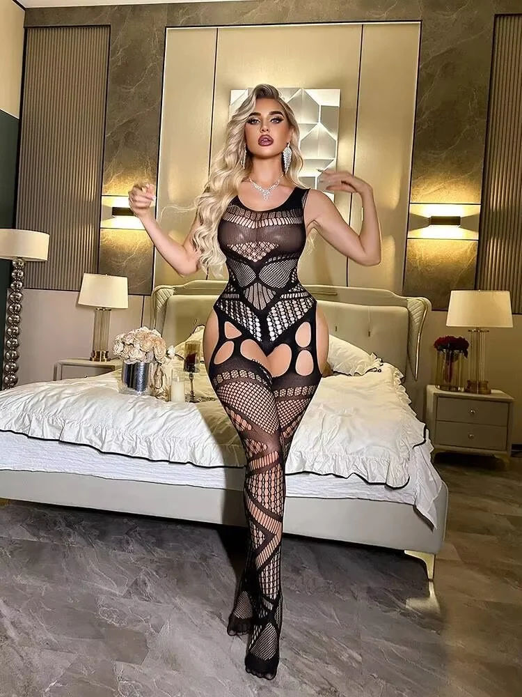 Open Crotch Strap Halter Neck Hollow Out Tight Mesh Strapless Sleeveless Stocking