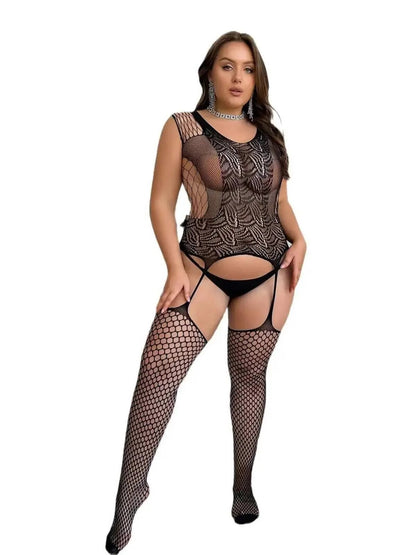 Fishnet Tight Lace Mesh Striped Backless Deep V Neck Straps Sleeveless Full Body Stocking