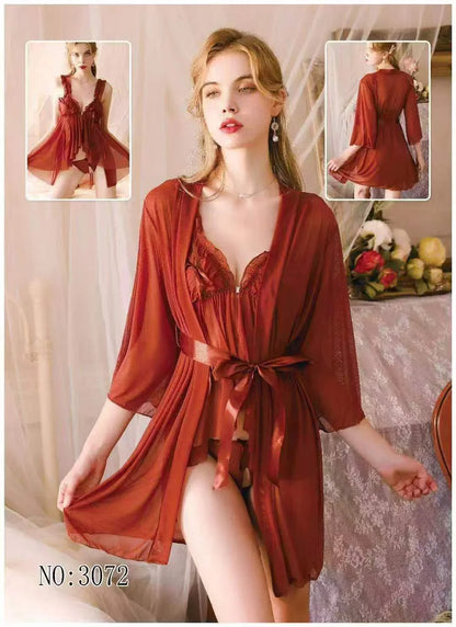3-Piece Silky Nighty Set – Soft Fabric & Tie-Up Front