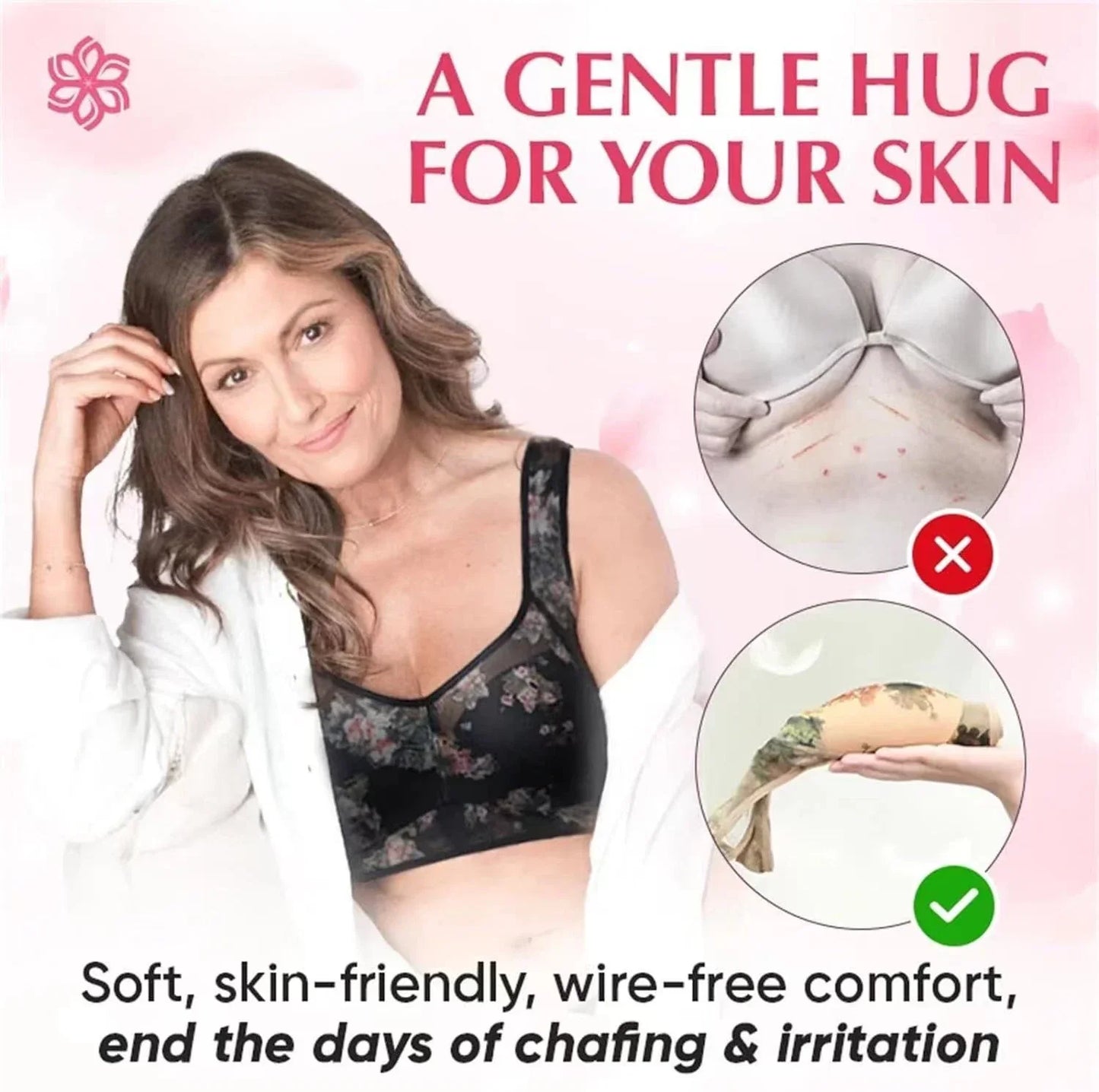 Woman wearing a black bra with text and images highlighting comfort and skin-friendliness.