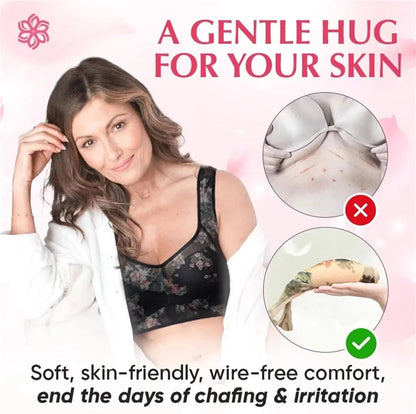 Woman wearing a black bra with text and images highlighting comfort and skin-friendliness.